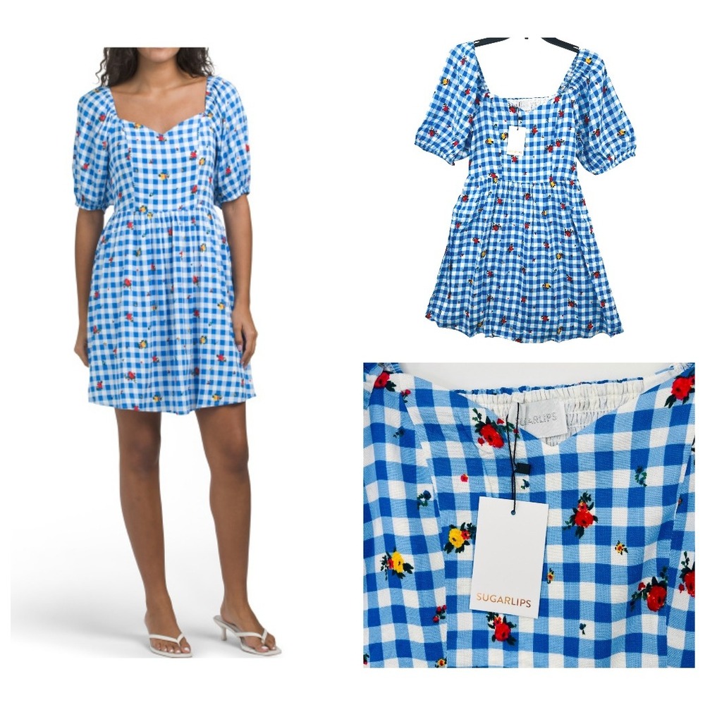 SUGAR LIPS Dorothy Rosebud Gingham Puff Sleeve Mini Dress Size S Cottagecore NWT